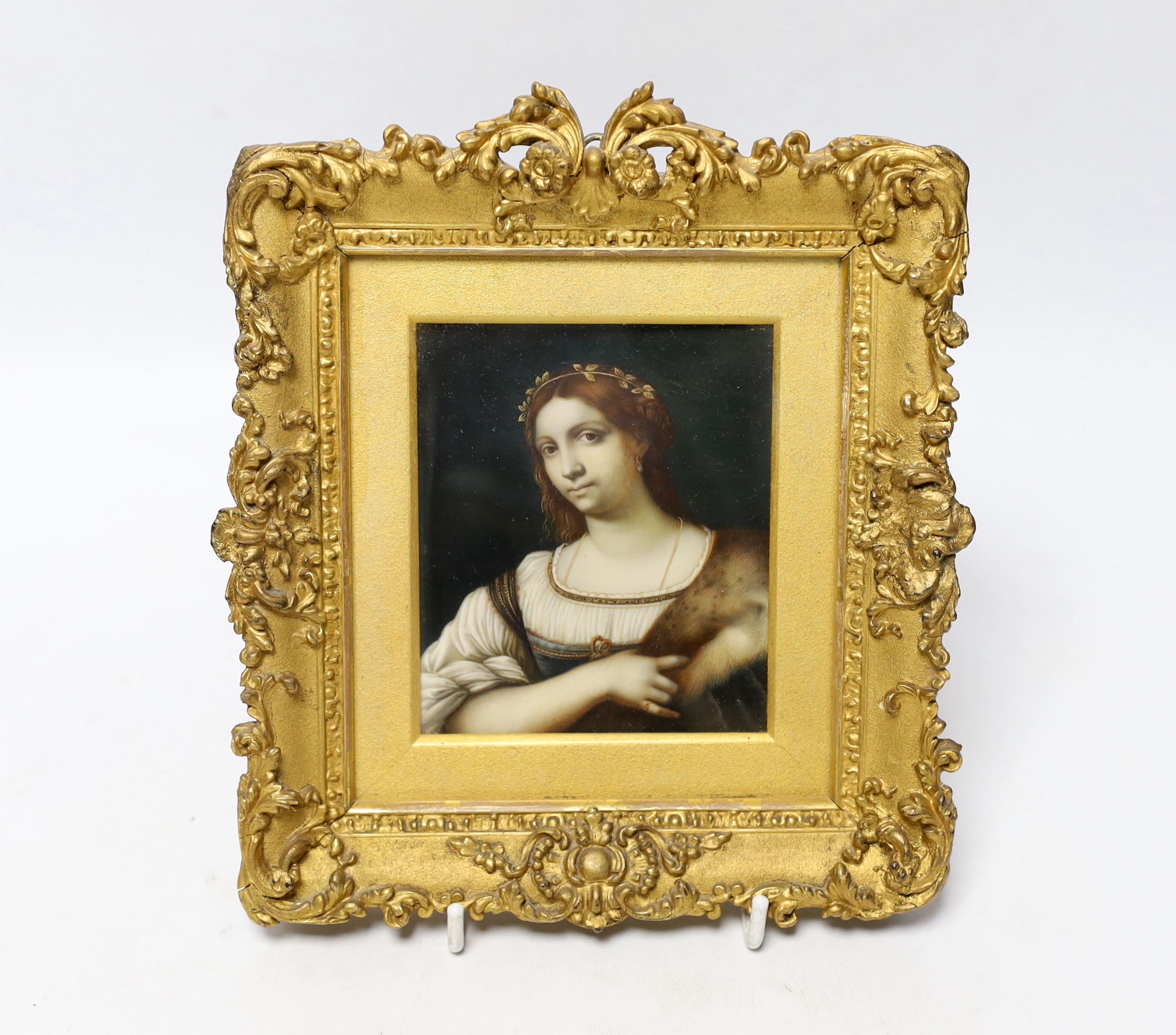 After Sebastiano del Piombo (Italian, 1485-1547), hand-painted miniature on ivory, Portrait of a Woman, housed in an ornate gilt frame, 10 x 8.5cm CITES Submission reference X6X24UNU